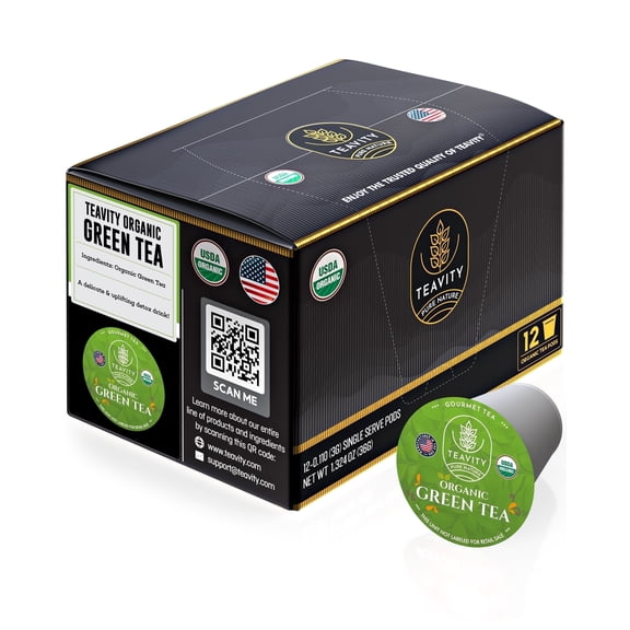 Organic Green Tea Pods for Keurig Brewers by Teavity - Naturally Caffeinated Green Tea, 12 Tea Pods