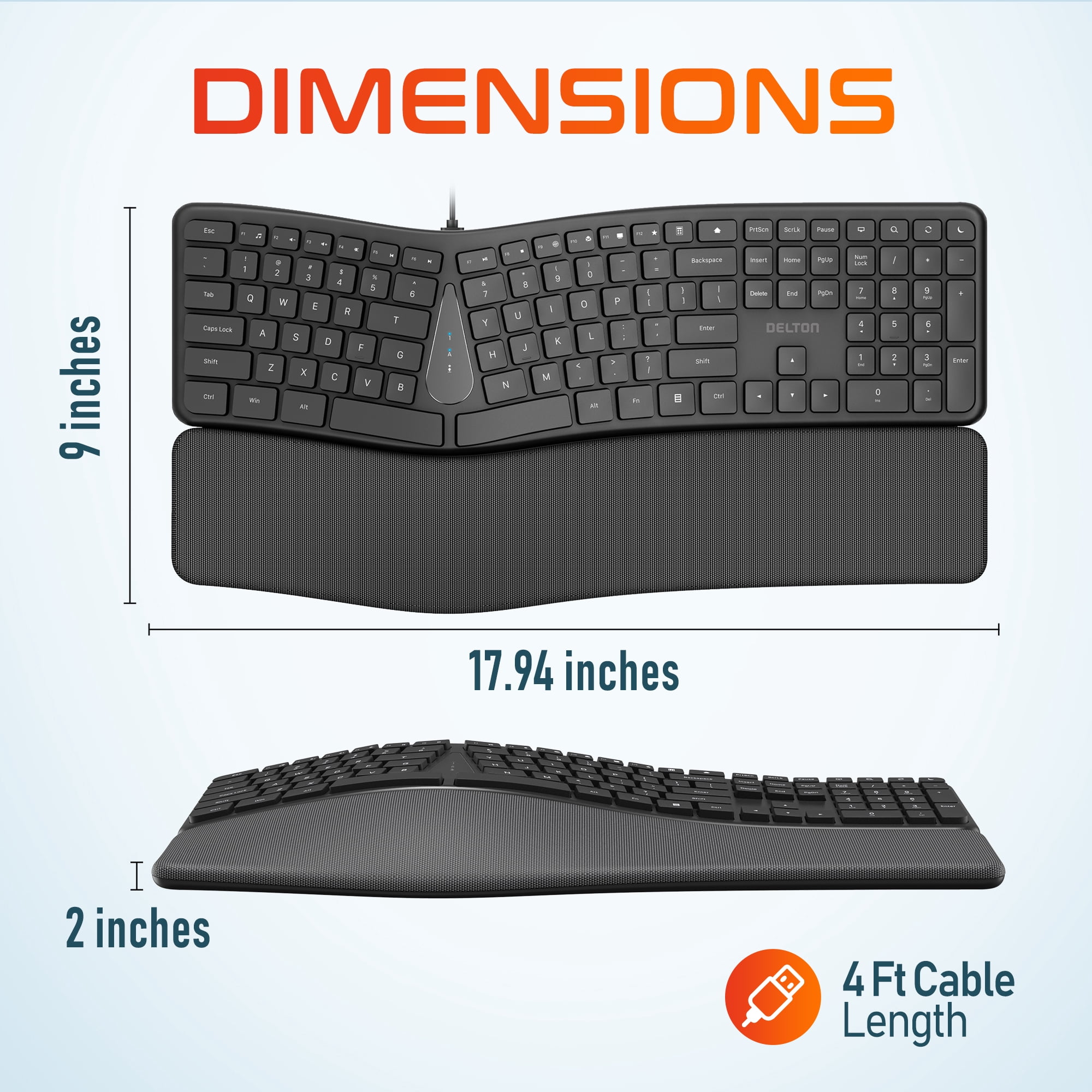 Delton KB250 Ergonomic Wired Keyboard, Curved Keyboard with Wrist and Palm Rest, Natural Typing Full-Size Split Computer Keyboard, Compatible for Laptop/PC/Tablets/iMac - Black