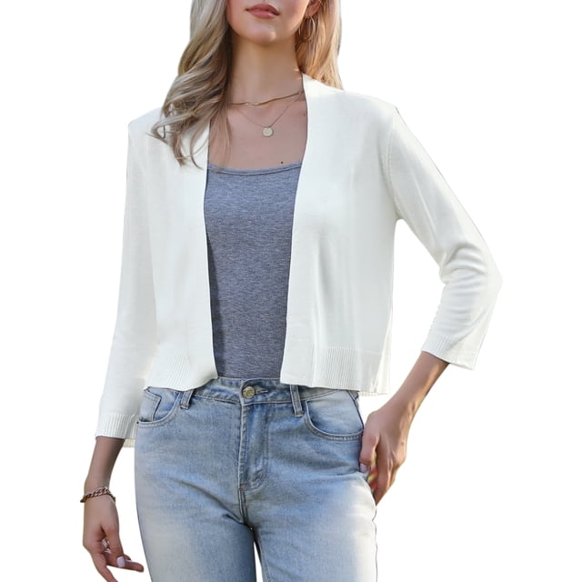 Cárdigan recortado de manga 3/4 Inspire Chic para suéteres de mujer, ligero, con frente abierto, bolero, shrug, XS, blanco