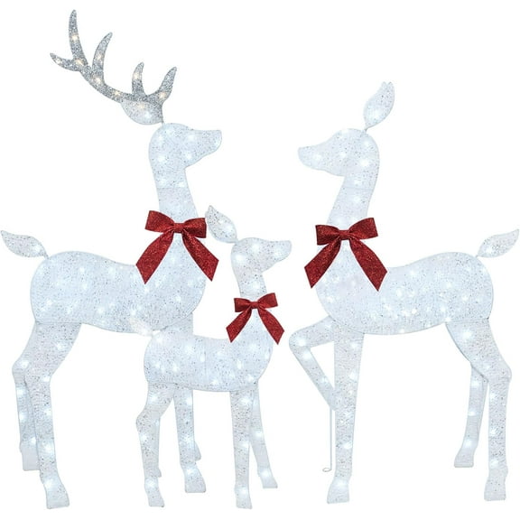 ZJQYDS 4 FT Christmas Decorations Outdoor Lighted Reindeer – 3-Piece 2D Deer Family Set with 145 Warm White LED Lights for Yard, Lawn, Garden & Porch Holiday Display - White