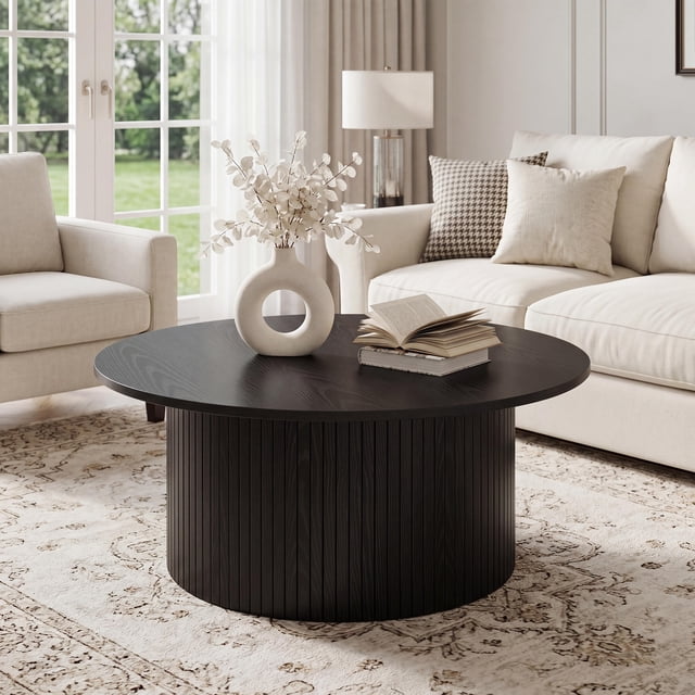 31.5 Inch Round Coffee Table, Small Fluted Circle Accent Center Table with Metal Frame for Living Room