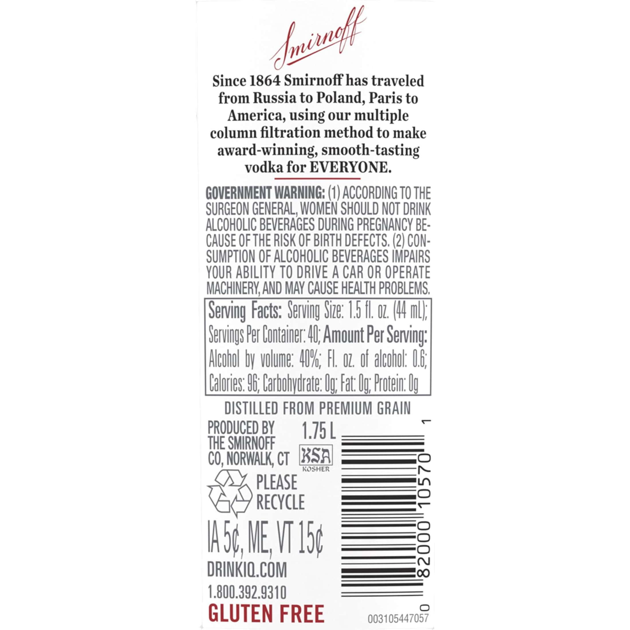 Smirnoff No. 21 80 Proof Vodka, 1.75 L Glass Bottle, 40% ABV