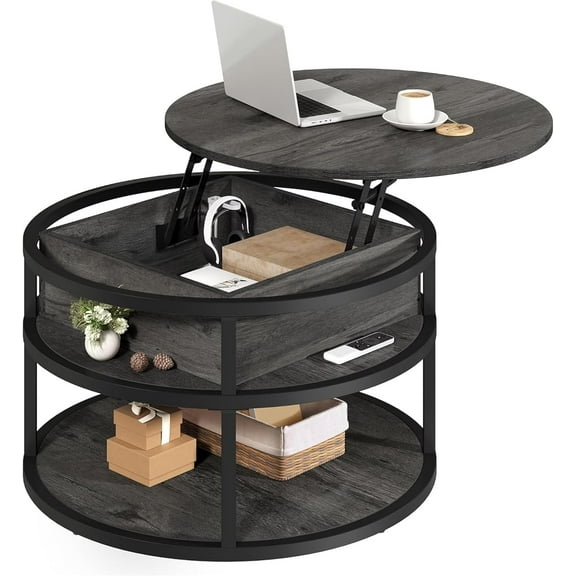 Round Lift Top Coffee Tables for Living Room, Farmhouse Coffee Table with Storage and Hidden Compartment, 2 Tier Modern Large Coffee Table Round Dining Table, Dark Grey