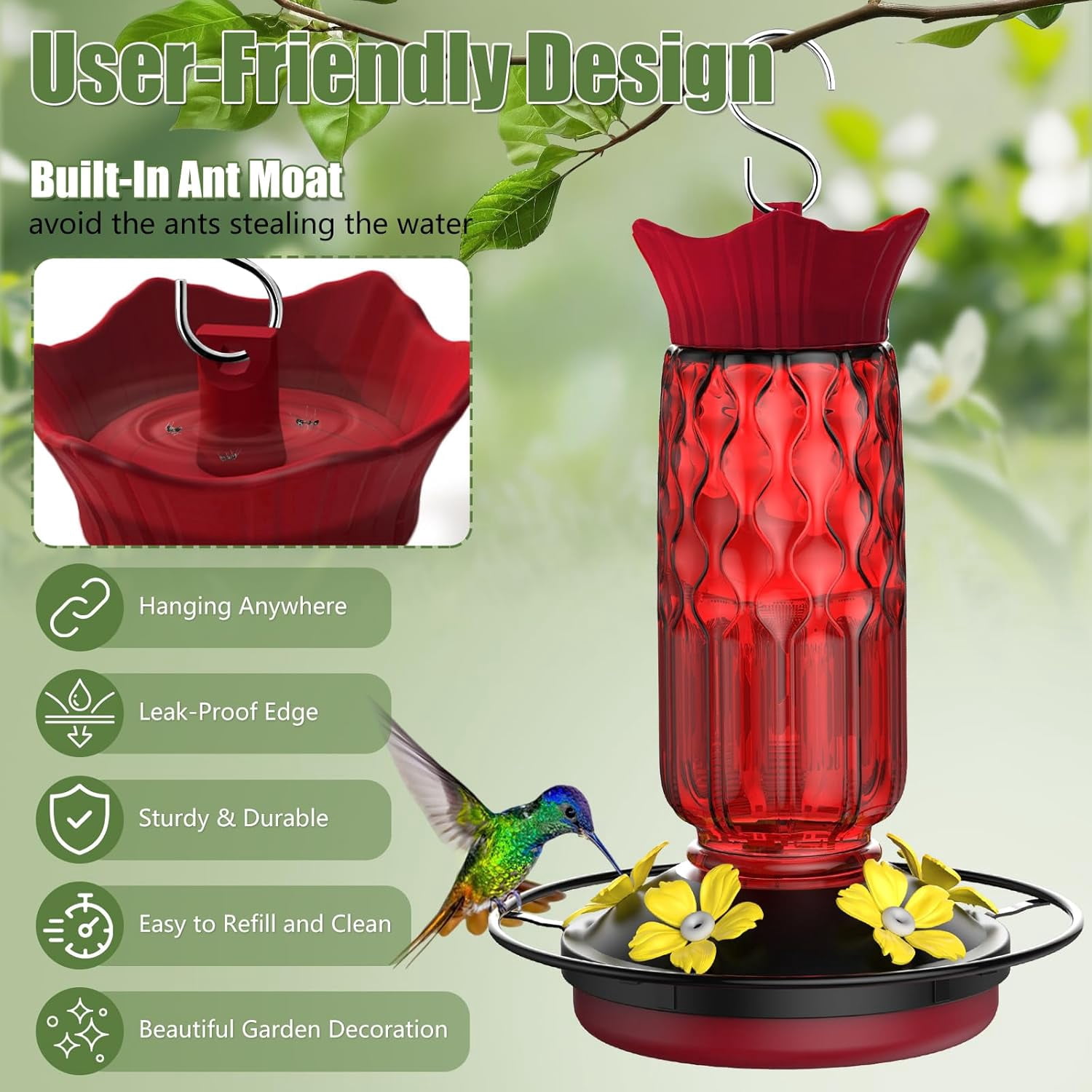 HZMSYQ Hummingbird Feeders for Outdoors, Hanging Hummingbird Feeder with Flower-Shaped Feeding Ports, Bird Feeder with Bee Proof Built-in Ant Moat, Outdoor Garden Decor Gifts for Women Mom
