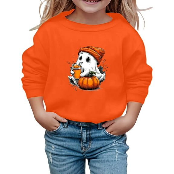 Toddler Girls Pumpkin Skeleton Bat Ghost Sweatshirt Cute Print Long Sleeve Crewneck Pullover Kids Top Fall Winter School Outing Clothes Orange Size 3-4T