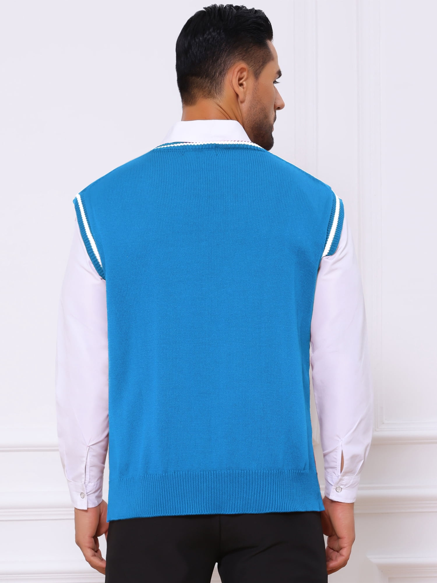 DARING DIVA Men's Solid Color V-Neck Sleeveless Cable Knitted Sweater Vest XL Blue