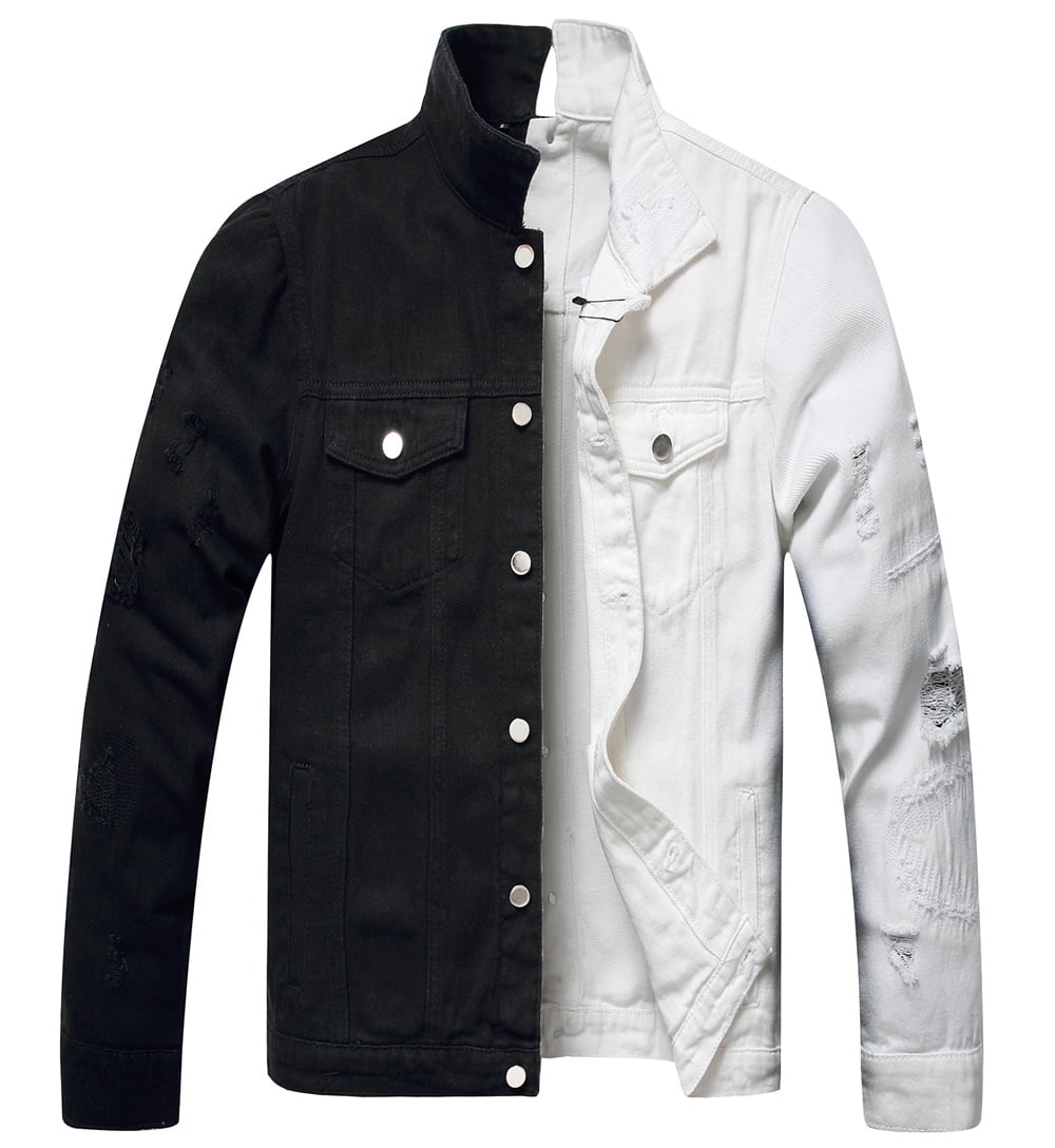 Lzler Black White Jean Jacket for Men Ripped Color Block Denim Jacket, Men's, Size: Small
