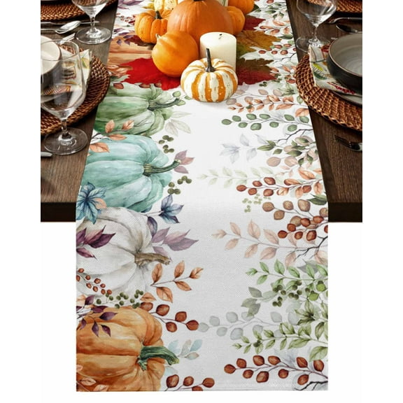 Fall Table Runner Thanksgiving Autumn Eucalyptus Leaf Table Runners Teal Green Maple Leaves Pumpkin Cotton Linen Dresser Scarf Kitchen Dining Table Decor for Fall Holiday Party Decor 13x72 Inch