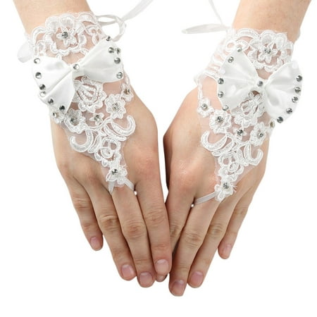Girls White Rhinestone Satin Bow Lace Fingerless Communion Flower Girl Gloves