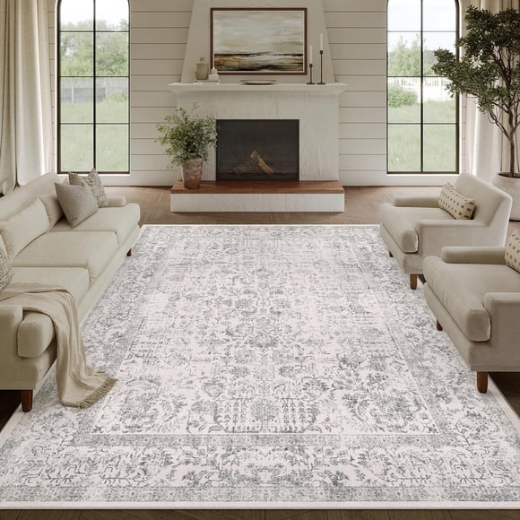 Alfombra Area PureCozy, color gris, 240 x 300 cm, lavable a máquina, estilo vintage