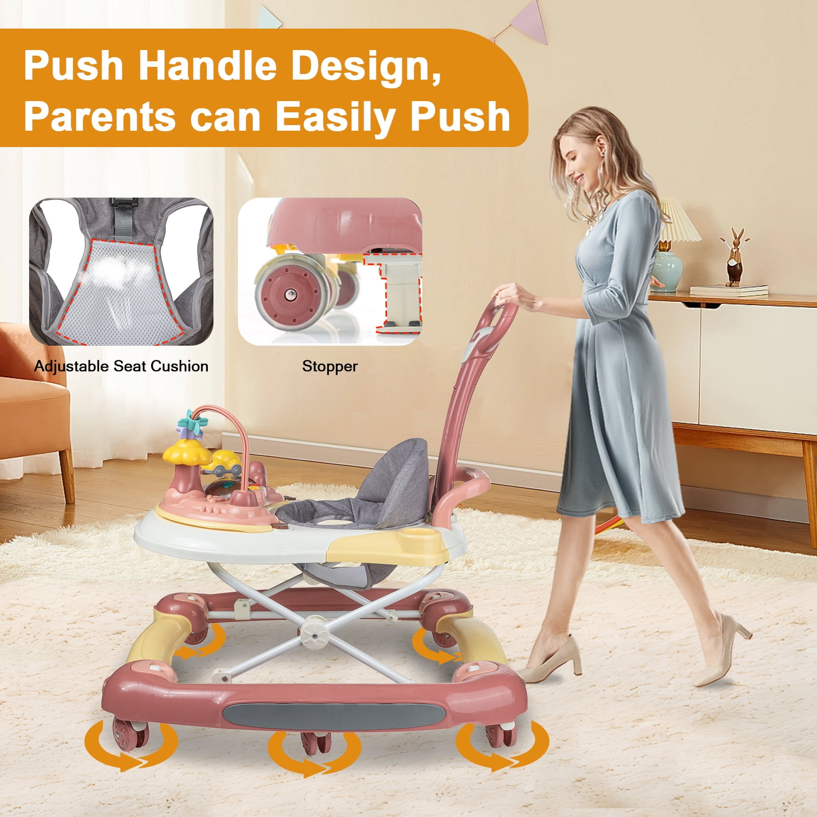 EONROACOO 5-in-1 Baby Walker for Boys Girls, Adjustable Infant Walkers with Wheels(Pink)