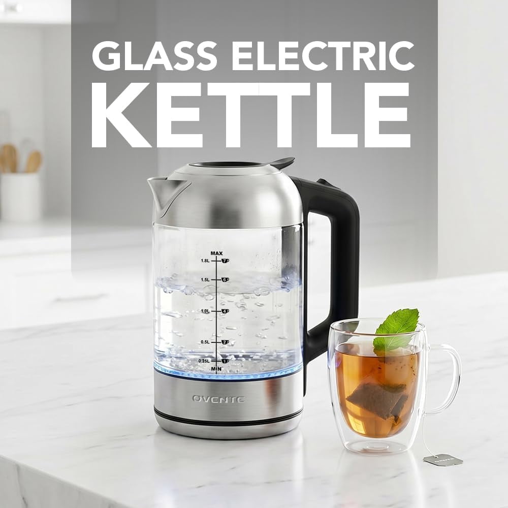 OVENTE Electric Kettle, 1.8L Glass Tea Kettle & Stainless Steel BPA-Free Cordless Electric Kettle, 1500W Fast Boil Electric Pot with Easy-Fill Lid, Auto Shut-Off & Boil Dry Protection, Silver KG751S