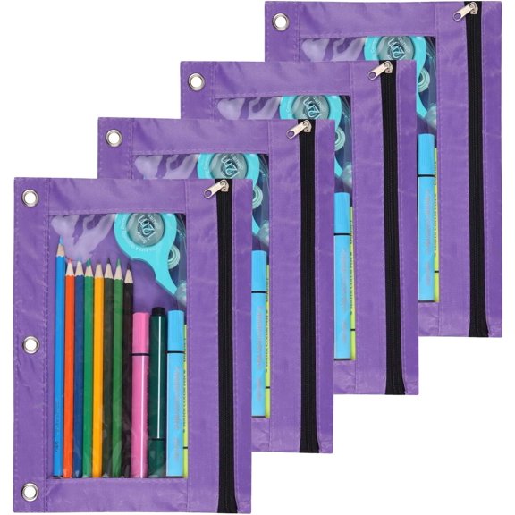 4pcs Multicolor Pencil Pouch 3 Ring, Zipper Pencil Pouches Case Binder Cosmetic Bag with Clear Window