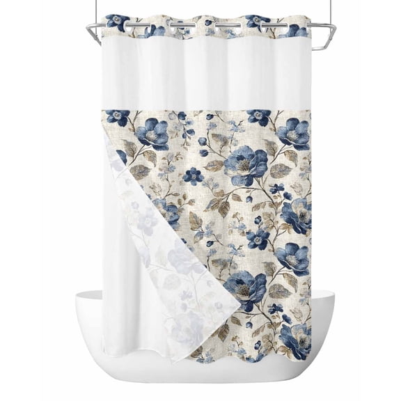No Hook Shower Curtains with Detachable Snap-in Liner Set, Blue Gray Spring Floral Waterproof Hotel Style Bathroom Shower Curtain, Vintage Botanical Breathable Mesh Top Window Bath Curtains 36''x72''