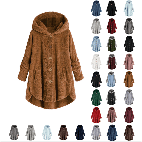 Meichang Winter Jacket for Women Plus Size Fuzzy Fleece Jackets Hooded Long Sleeve Button Up Coat Casual Loose Soft Sherpa Hoodie Jackets Plush Outerwear with Pockets