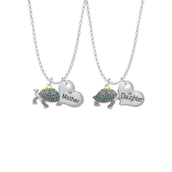 Delight Jewelry Enamel Side Turtle Mother & Daughter Heart Necklaces (Set of 2), 19" 2"
