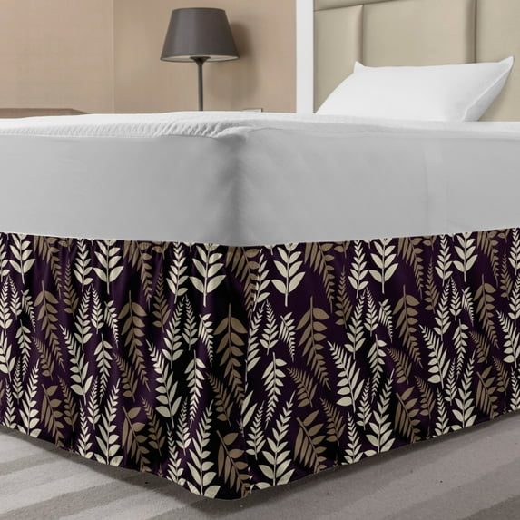 Art Deco Bed Skirt, Leaves Branch Random Alignment Vintage Effect on Purple Background, Elastic Bedskirt Dust Ruffle Wrap Around for Bedding Decor, 4 Sizes, Sepia Dark Purple Cream, by Ambesonne
