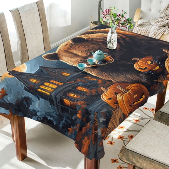 BZSMCE Square Tablecloth Brwon Bear and Pumpkin Pattern Tableclothes