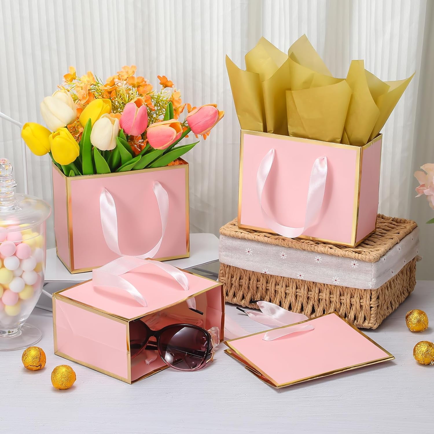 30 Pcs Small Metallic Foil Gift Bags with Handles, Pink Gold Thank You Favor Bag with Tissue Paper for Back to School Baby Shower Wedding Mother's Day Christmas Party (6.4x3.1x5.1 Inch)