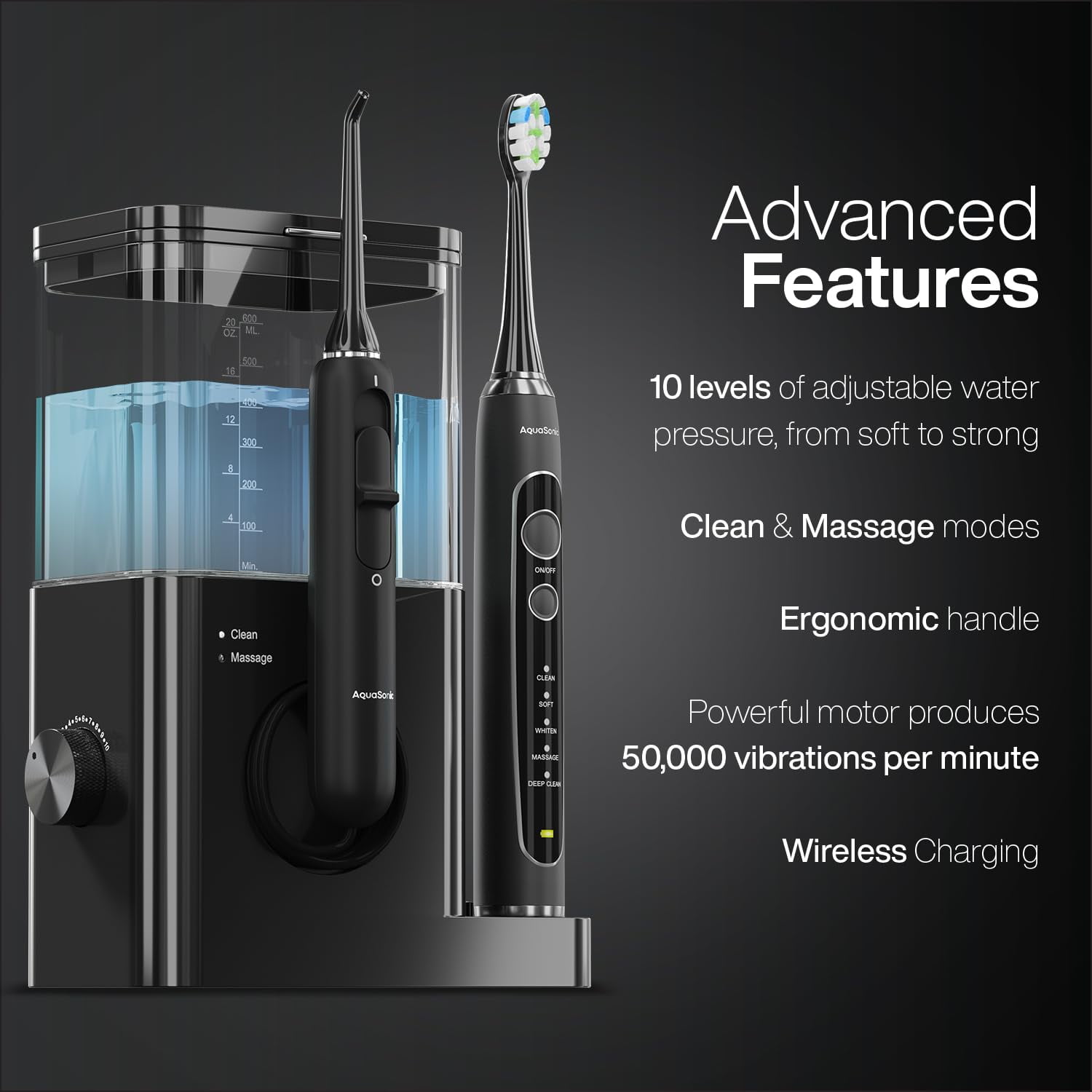 AquaSonic Home Dental Center PRO - 600ml Tank, Electric Power Toothbrush & Water Flosser, Black Series Pro+Oral Irrigator – ADA Accepted (Black)