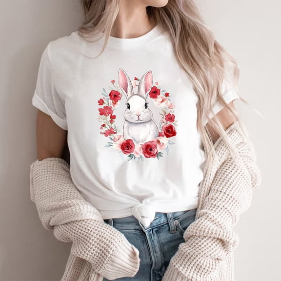Otvok 2025 Womens Fashion Easter Printed Blouses Round Neck Short Sleeve Round Neck Tops