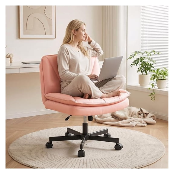Criss Cross Chair with Wheels,Cross Legged Office Chair with 2 Layer Cushion,Wide Seat,Leather,Amless, for Home,Office,Make Up,Vanity,Bed Room,Pink