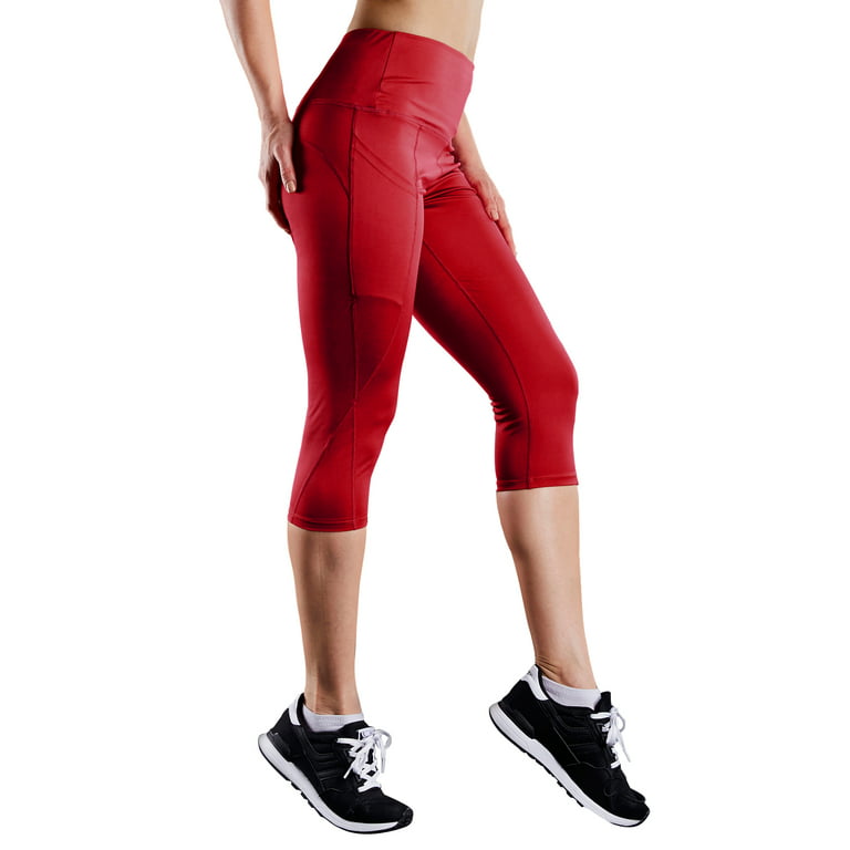 NELEUS Womens Tummy Control High Waist Capri Yoga Leggings with  Pocket,Black+Red,US Size 3XL