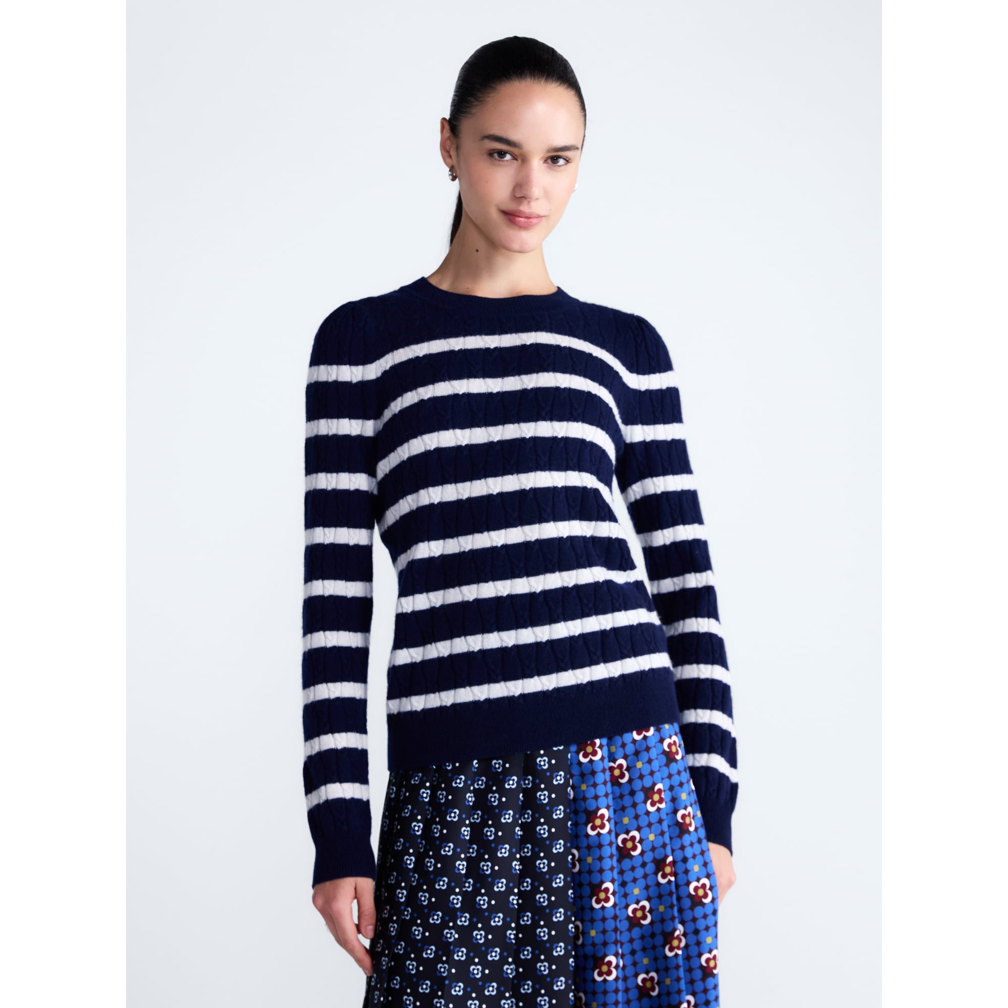 Free Assembly Women's and Women's Plus Cashmere Cable Knit Sweater with Puff Sleeves, Midweight, Sizes XS-4X