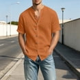 thumbnail image 2 of Gaukiv Men's Shirts Band Collar Short Sleeve Linen Blouses Casual Tops Orange M, 2 of 6
