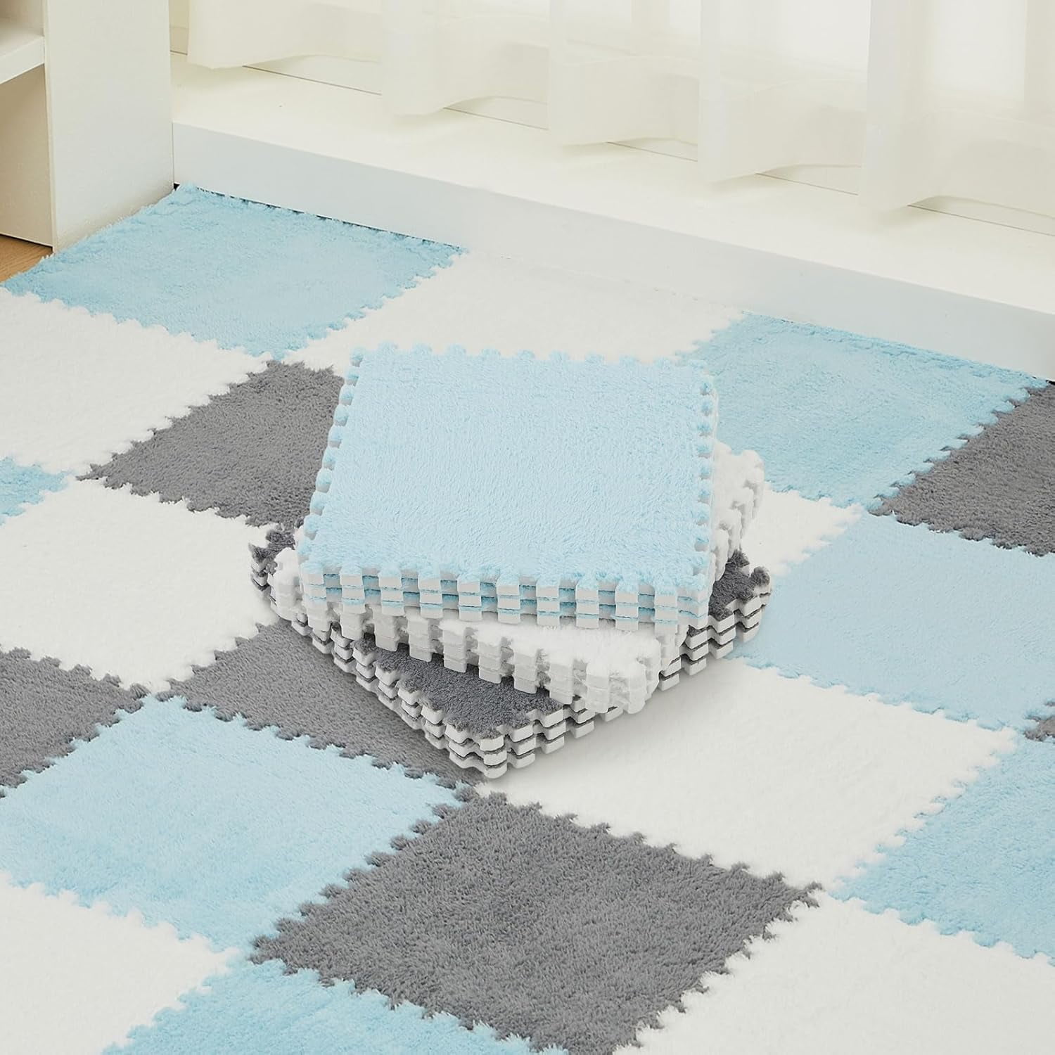 36 Pack Plush Foam Floor Mat Square Interlocking Carpet Tiles with Border Fluffy Play Mat Floor Tiles Soft Climbing Rugs for Bedroom Playroom, 12 x 12 x 0.4 in(White, Mint Green)