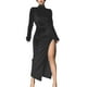 thumbnail image 1 of Gibobby Vestido sexy para fiesta Vestido de terciopelo largo de manga larga con cuello para mujer Vestido con abertura plisada entallada sexy(Negro,M), 1 of 4