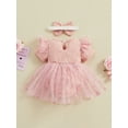 thumbnail image 5 of Musuos Baby Girl Valentine's Day Jumpsuit with Bow Headband 3 6 12 18 24M Short Sleeve Tulle Mesh Ribbed Patchwork Romper Dress, 5 of 10