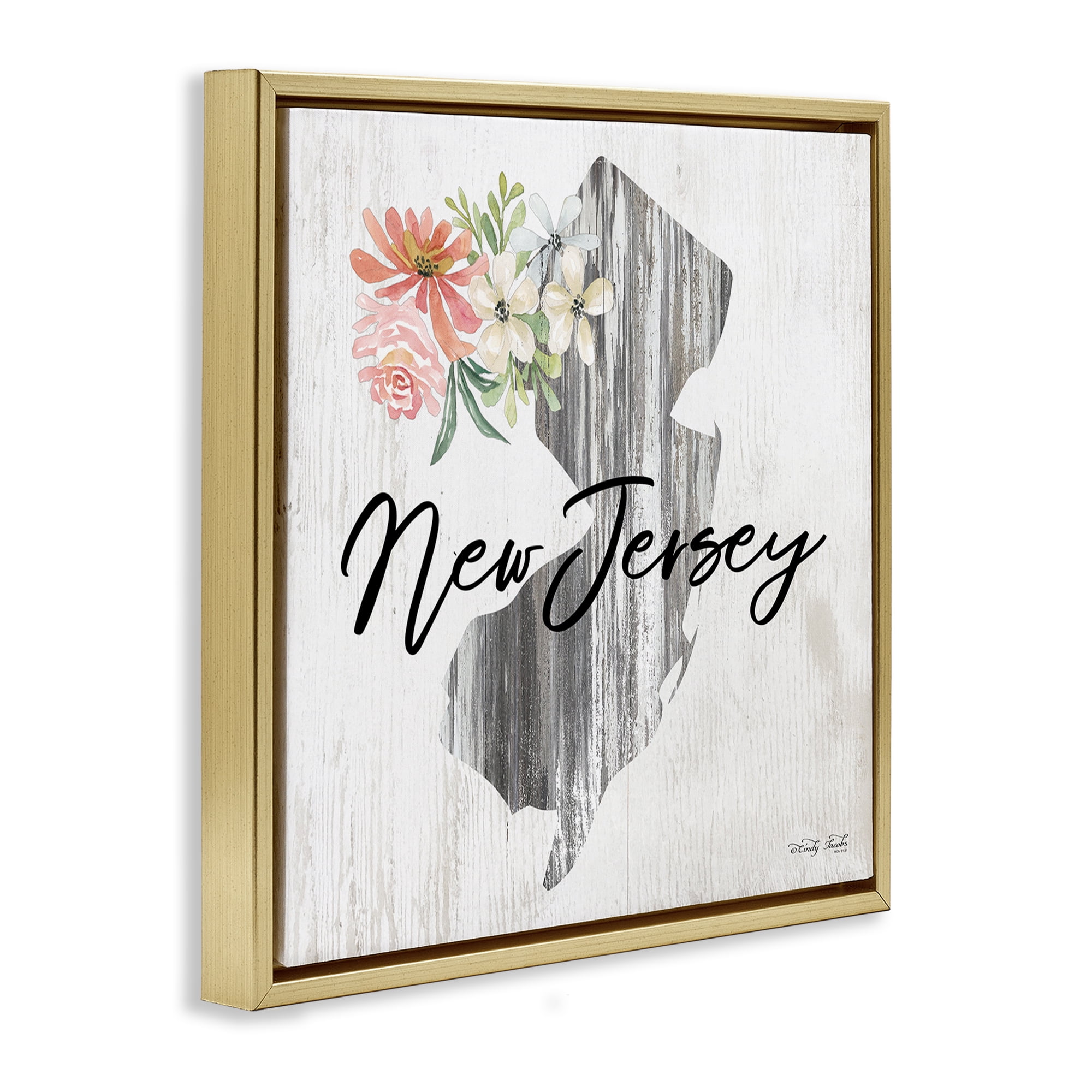 Stupell Industries Shabby Chic New Jersey Botanical & Floral Painting Gold Floater Framed Canvas Art Print Wall Art, 18 x 18