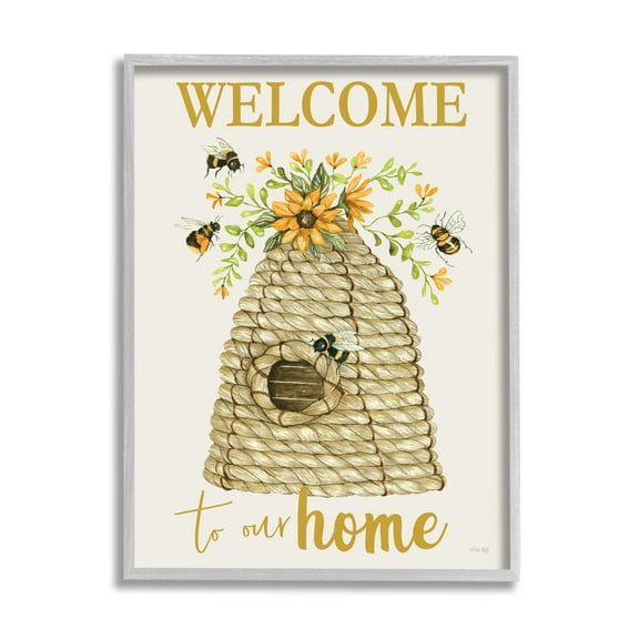 Stupell Industries Welcome Home Insect Hovering Roped Beehive and Sunflowers,11 x 14, Design by Cindy Jacobs