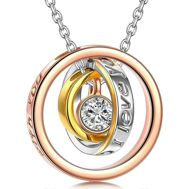 Mom I Love You "Trinity" Necklaces for Moms, Engraved Jewelry 14K Rose Gold Necklace with 5A Cubic Zirconia, 17"+2", Jewelry Box Included for Gift, Sy