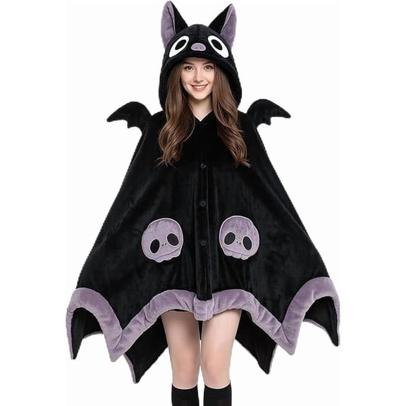 Cute Bat Blanket Hoodie, Wearable Universal sizing Bat Blanket Adult for Halloween Cosplay, Soft Hooded Bat Cape for Women (lxf