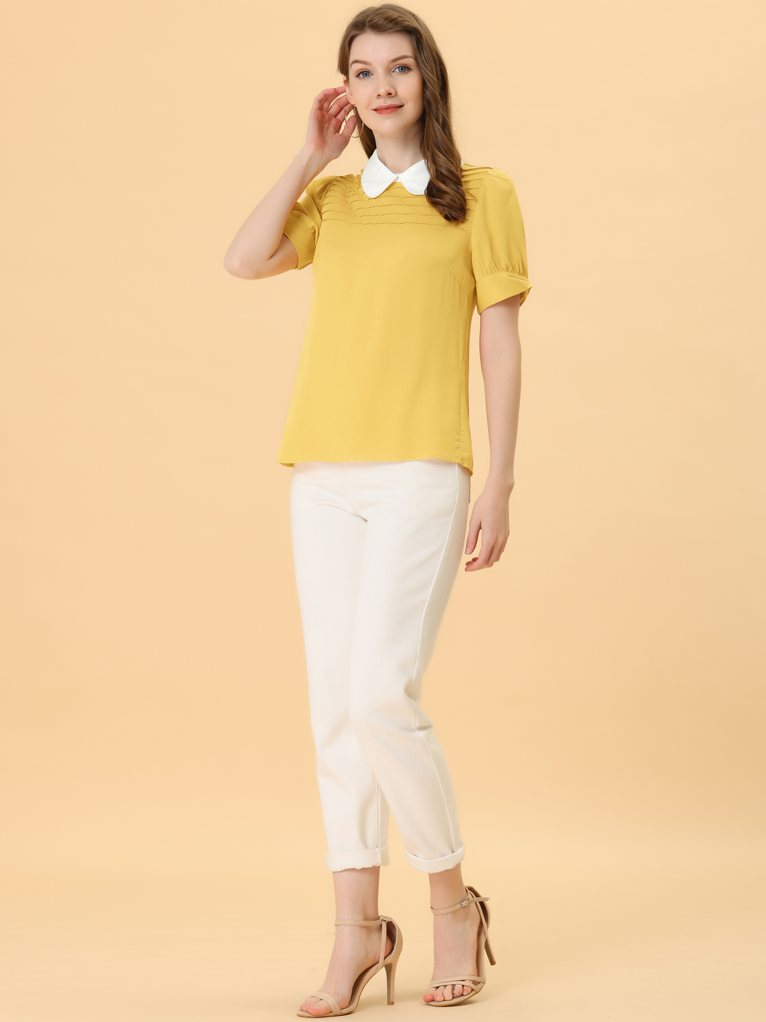DARING DIVA Peter Pan Collar Contrast Puff Blouse Top L Light Yellow