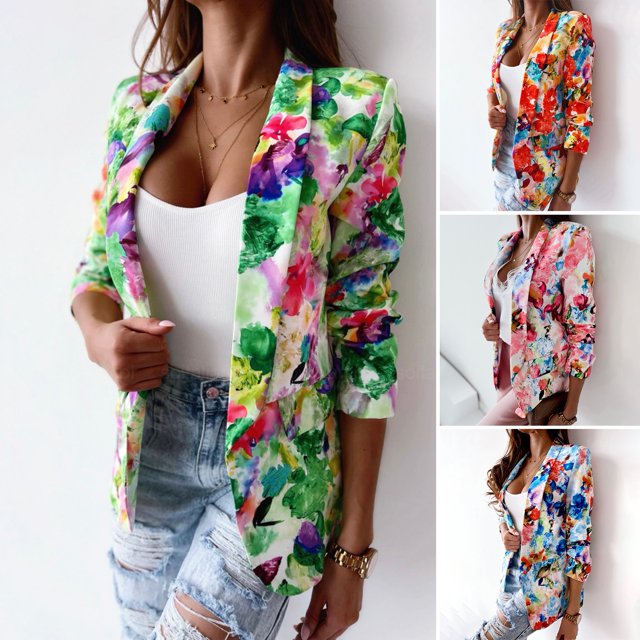 Sarkoyar Office Lady Blazer Colorful Print Slim Spring Autumn Fake Pockets Floral Suit Jacket for Office