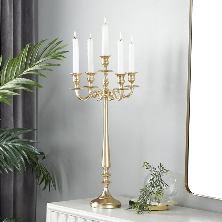 DecMode Traditional Five Tulip Shaped Candelabra Style Candle Holder, 13W  x 24H with Aluminum Gold Polished Finish 