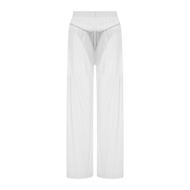 Imcute Women Sheer Mesh Beach Pants, High Waist Wide Leg Swimsuit Cover