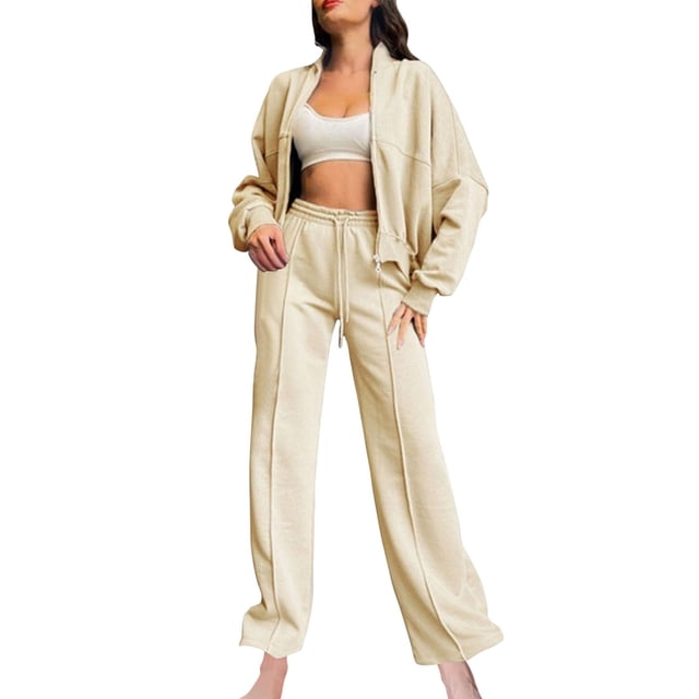 Timegard Workout Outfits for Women Oversized Zip up Long Sleeve Sweatshirt Jackets Drawstring Wide Leg Pants Sport Sets