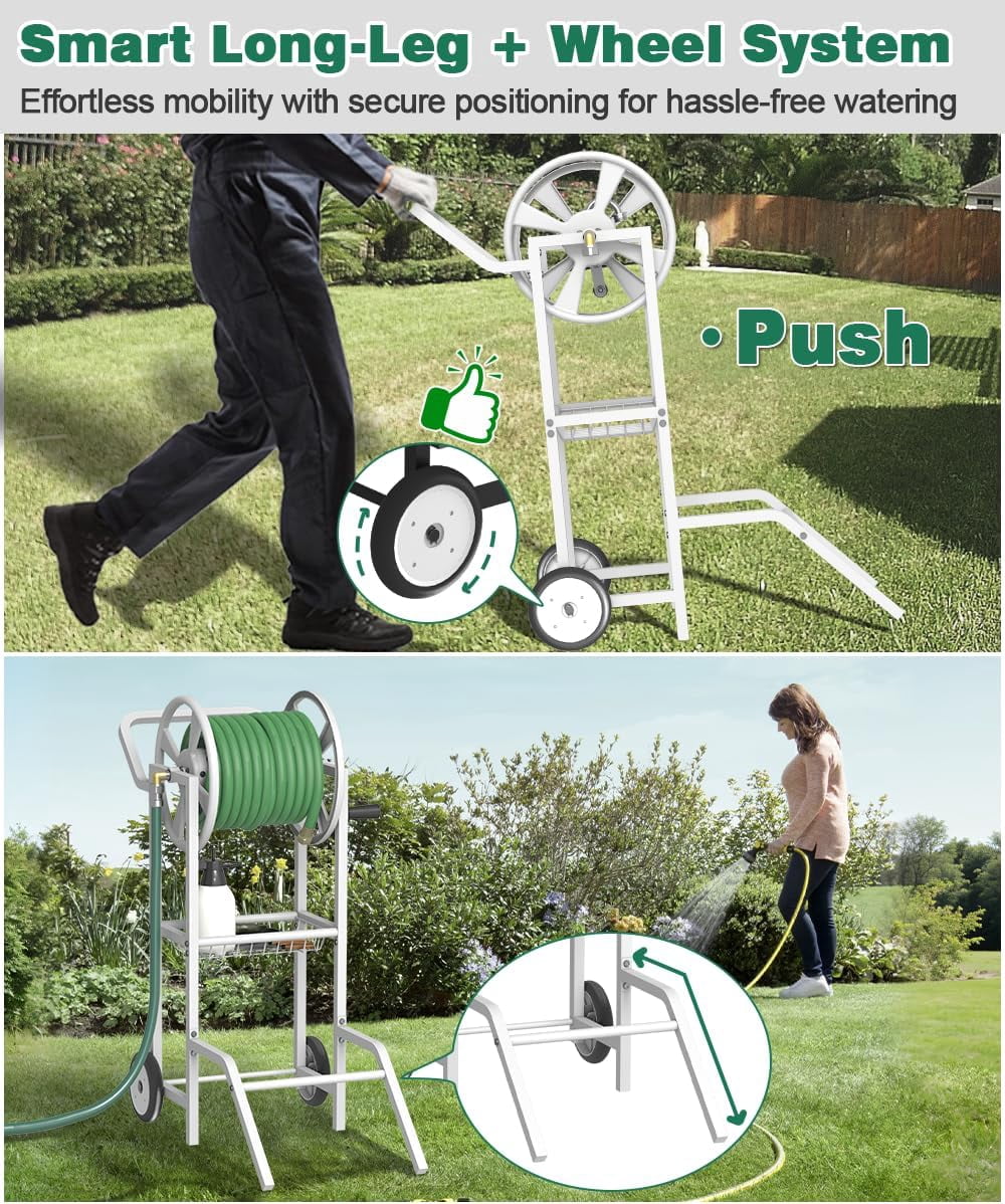 Hose Reel Cart with 2 Wheels, Garden Water Hose Holder Heavy Duty Powder Coated Steel Outdoor Winder Storage Holds 125 ft 5/8" Hoses with Basket and 3.9ft Leader Hose for Backyard, White