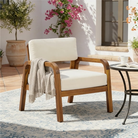 Christopher Knight Home Outdoor Acacia Wood Armchair with Weather Resistant Cushions, Teak Cream