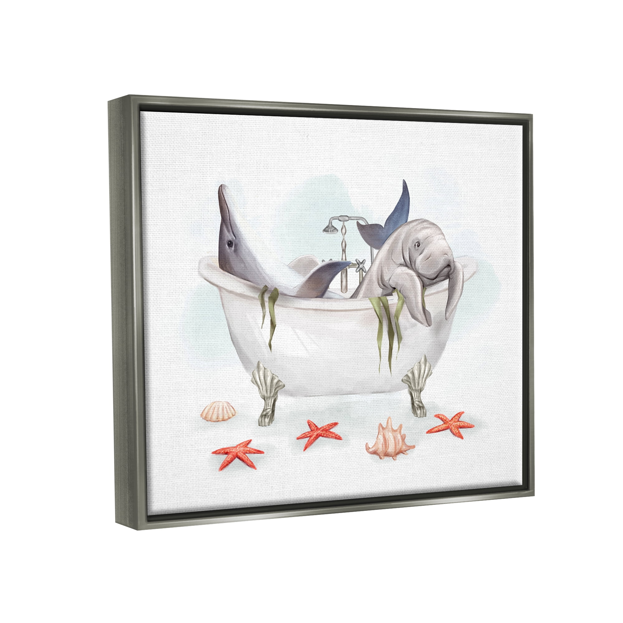 Stupell Industries Dolphin & Manatee Bathtub Animals & Insects Painting Gray Floater Framed Art Print Wall Art, 31 x 25