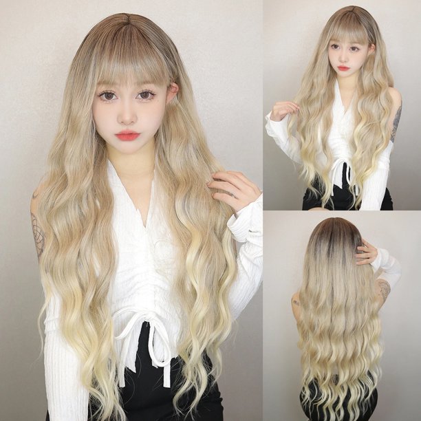 Peluca larga ondulada para mujer, pelo sintético degradado con flequillo, platino Natural, resistente al calor, uso diario, Cosplay
