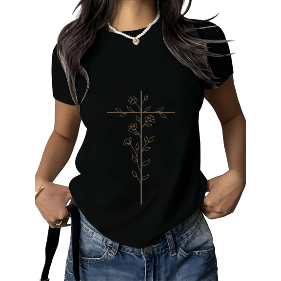 Cozymy Men's Boho Floral Cross Christian Graphic Short Sleeve T-Shirt Casual Cotton Crewneck Tee