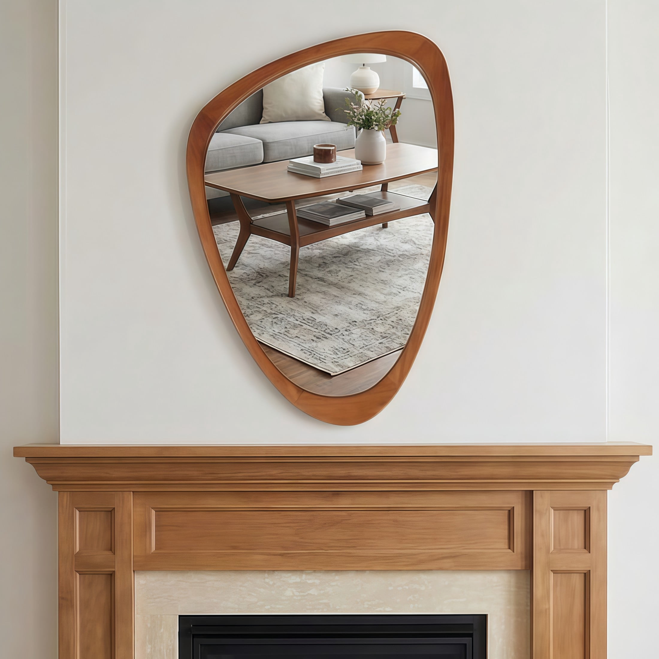 Noble House 20"x30" Irregular Solid Wood Wall Mirror, Modern Asymmetric Decorative Accent Bathroom Mirror, Yellowish Brown