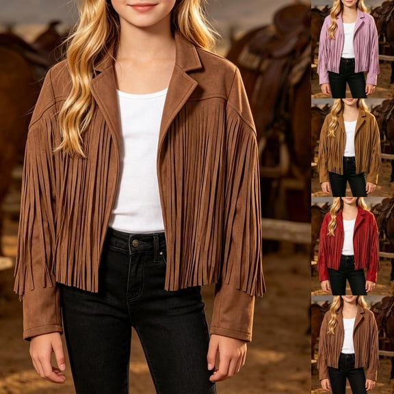 Girls Western Fringe Suede Jacket Open Front Long Sleeve For Themed Party And Casual Outdoor Coat 5-6 Years Outerwear Streetwear