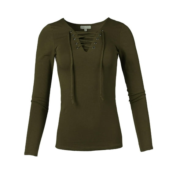 FashionOutfit Women's Casual Solid Front Lace Up V-Neck Long Sleeve Top