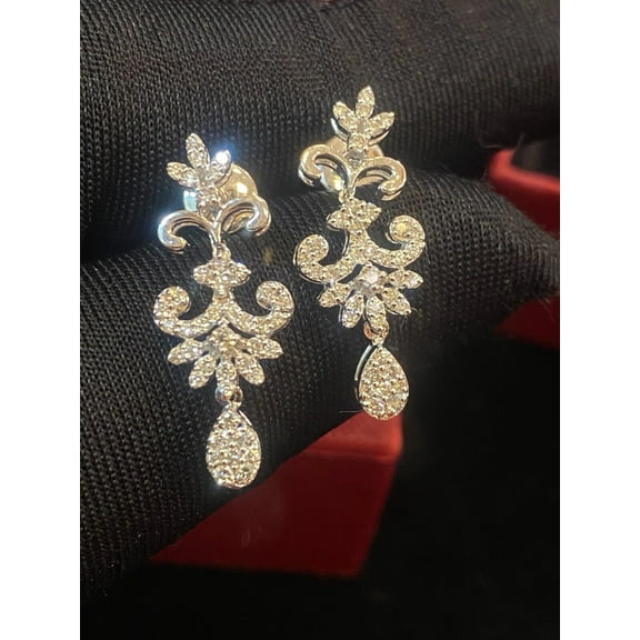 Pave 1.20 Cts Round Brilliant Cut Diamonds Dangle Earrings In Fine Hallmark 14K White Gold